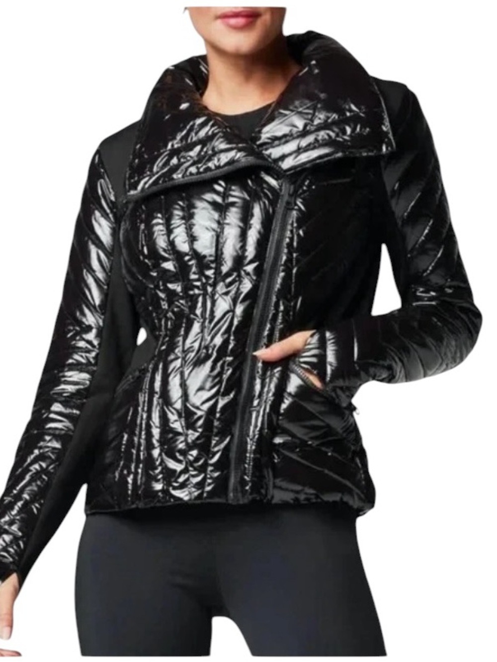 Blanc Noir Motion Shiny Black Panel Puffer Jacket Down Ski Coat Womens XL EUC